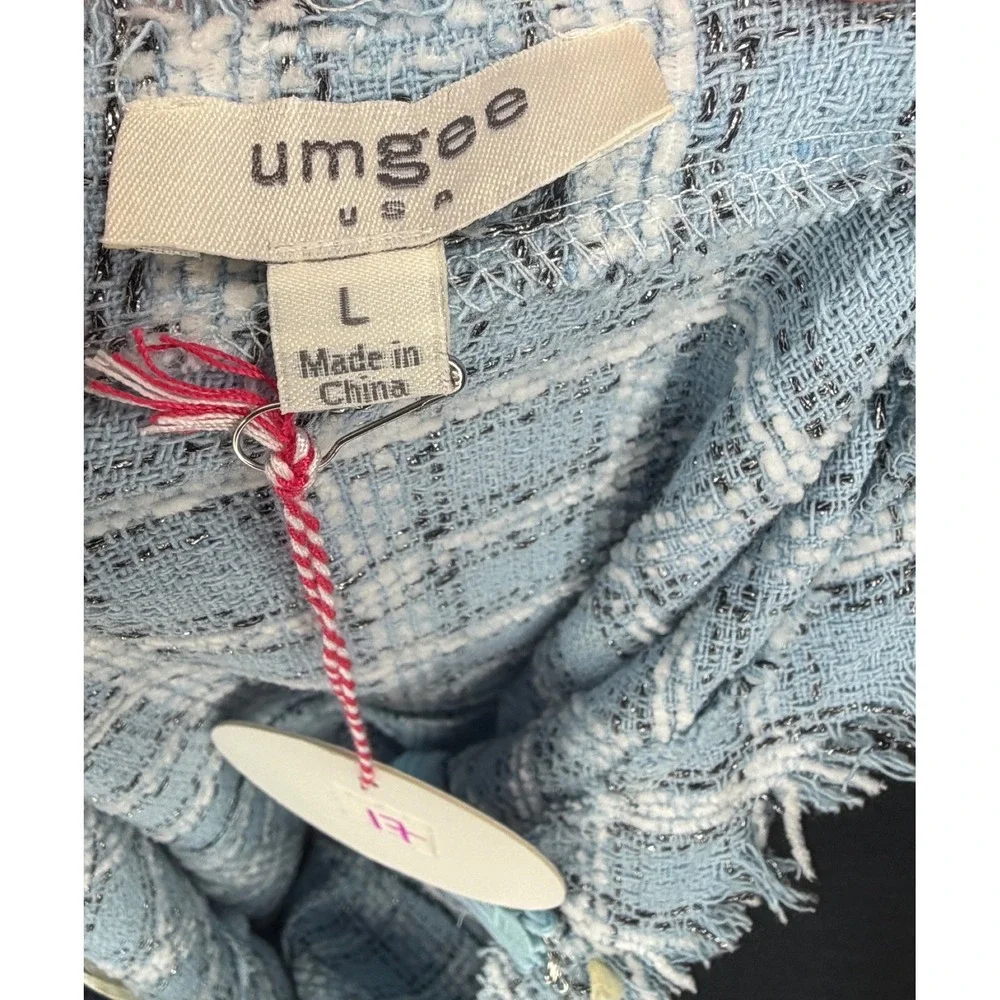 Umgee Blue Plaid Tweed Mini Dress Square Neck Frayed Raw Edge‎ Sleeveless Large